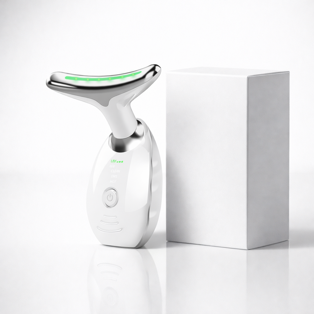 Appareil de beauté pour le cou et le visage : thérapie photonique LED colorée, raffermissement de la peau, réduction du double menton, anti-rides, effet liftant.